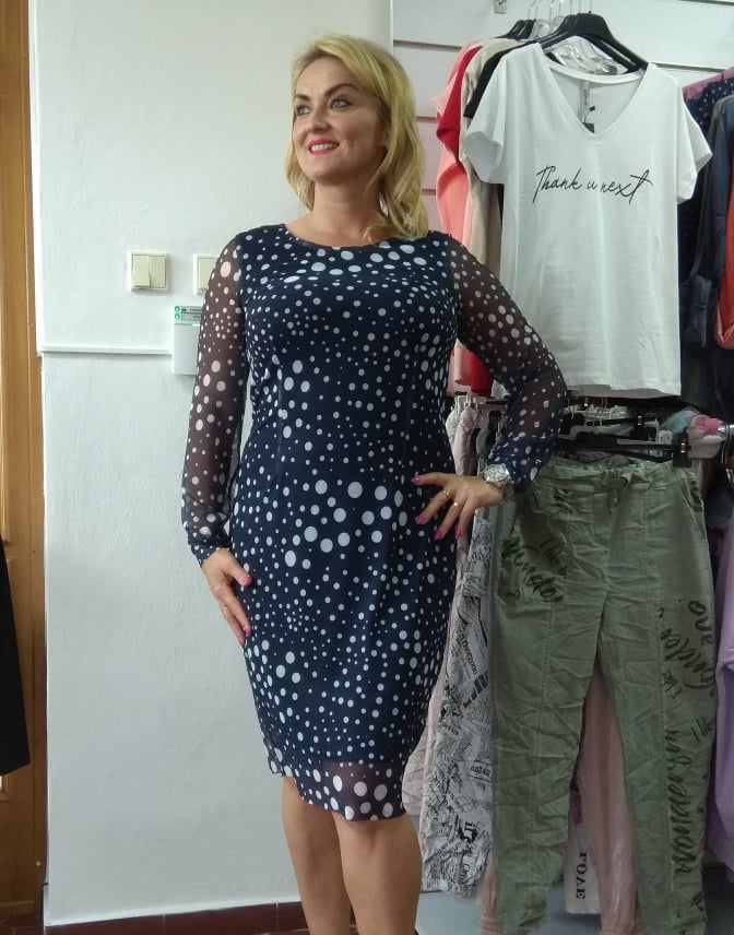 Elegantní šaty Elba tmavě modré s bílými puntíky