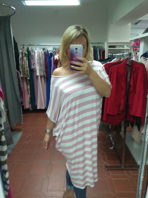 Bavlněné PLUS SIZE šaty proužek bílá/pudrová
