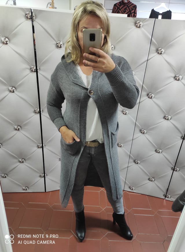 Dlouhý dámský kardigan s kapucí šedý