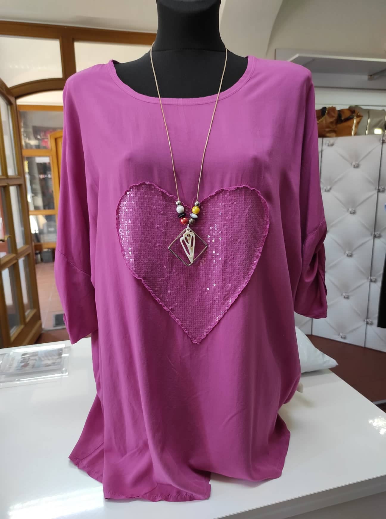 PLUS SIZE triko srdce fialovorůžové