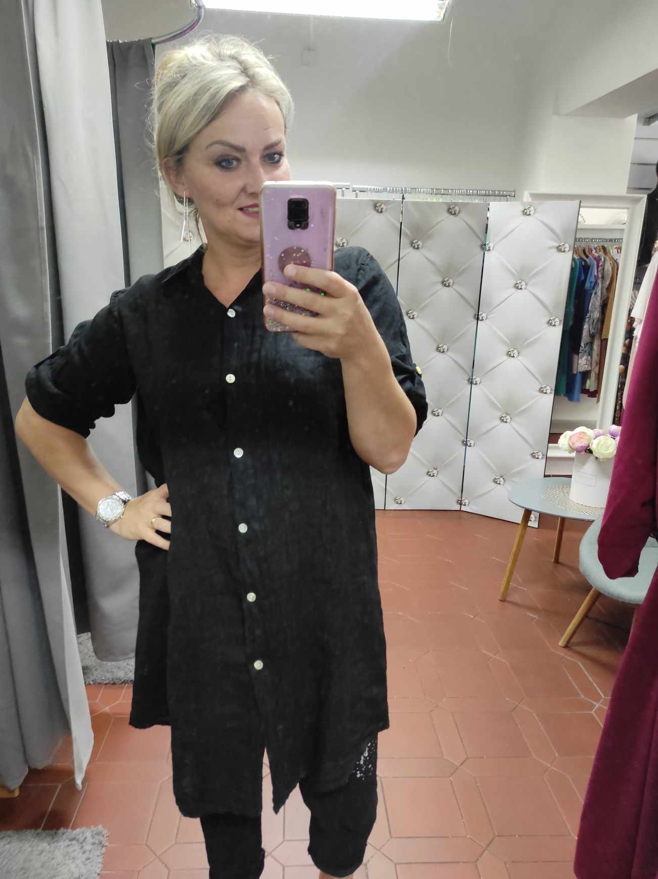 Delší lněná košile PLUS SIZE černá
