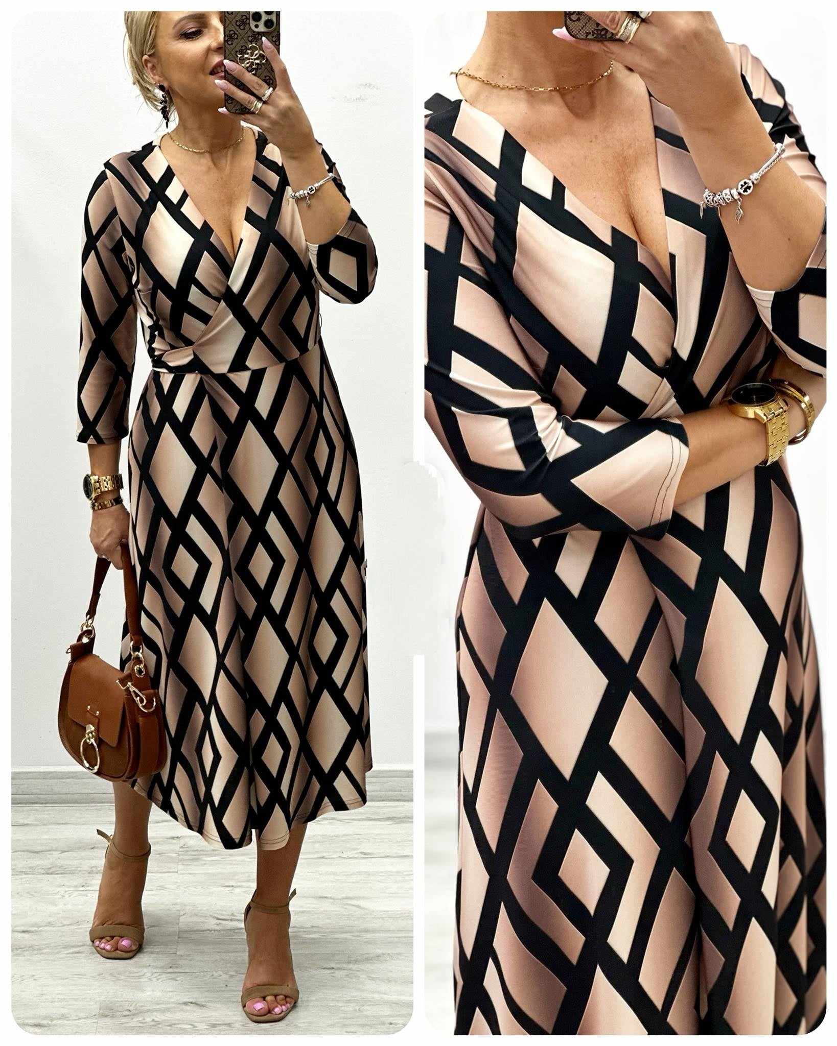Dámské elegantní zavinovací midi šaty SISI béžovočerné