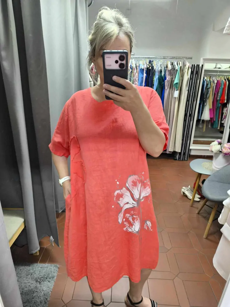 Lněné PLUS SIZE šaty lososové