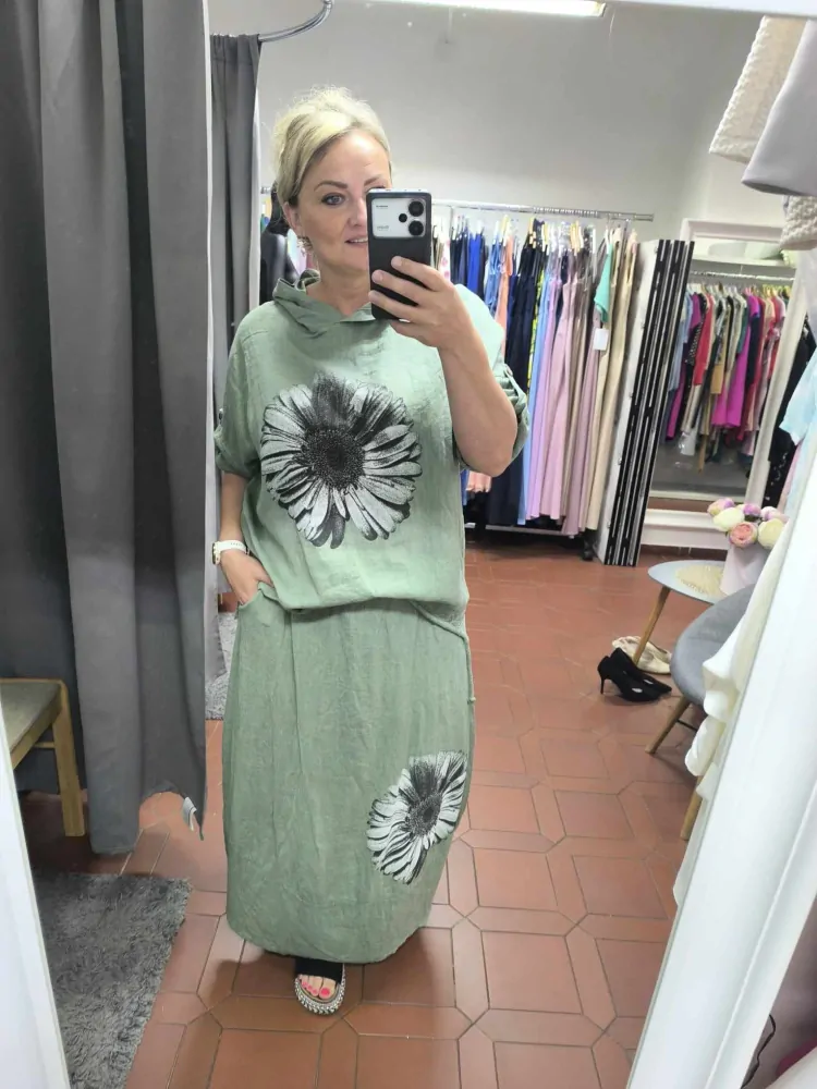 Lněná PLUS SIZE souprava sukně+halenka zelená