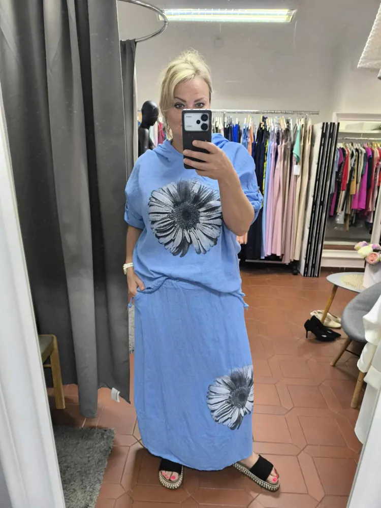 Lněná PLUS SIZE souprava sukně+halenka modrá