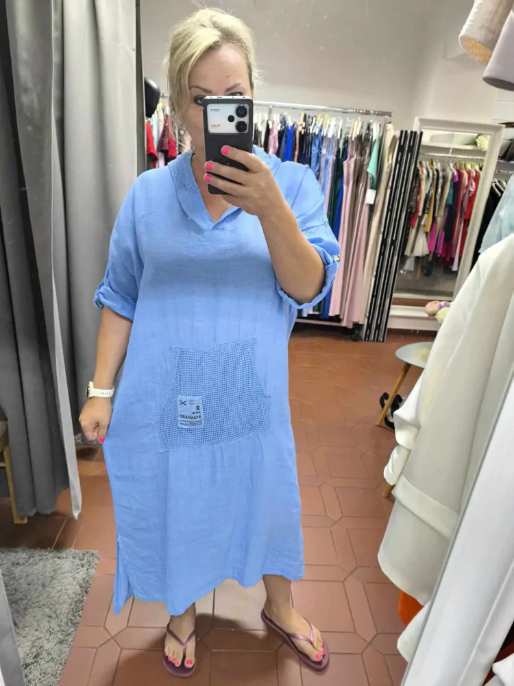 Dámské PLUS SIZE lněné šaty modré