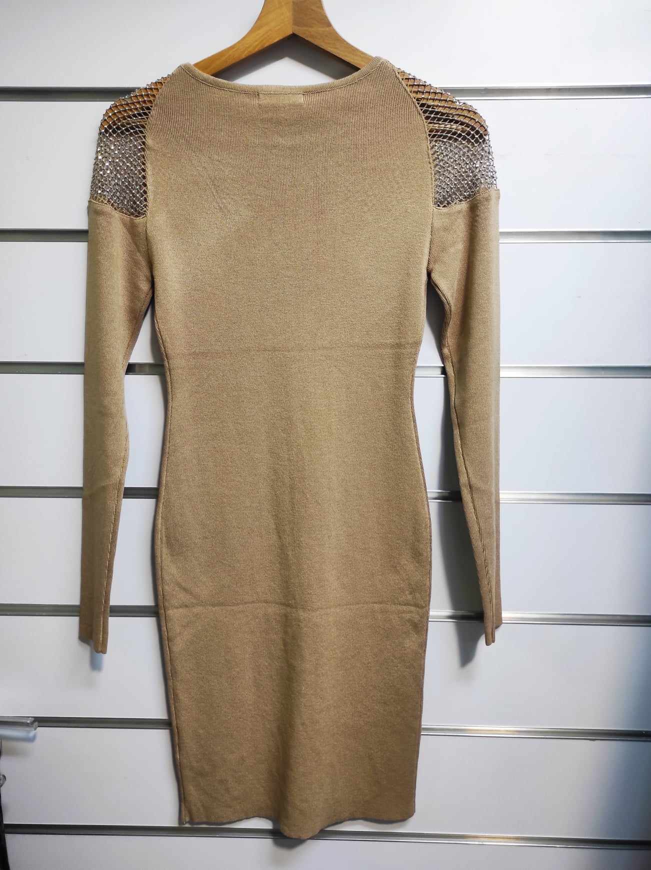 Dámské úpletové šaty bodycon béžové s kamínky