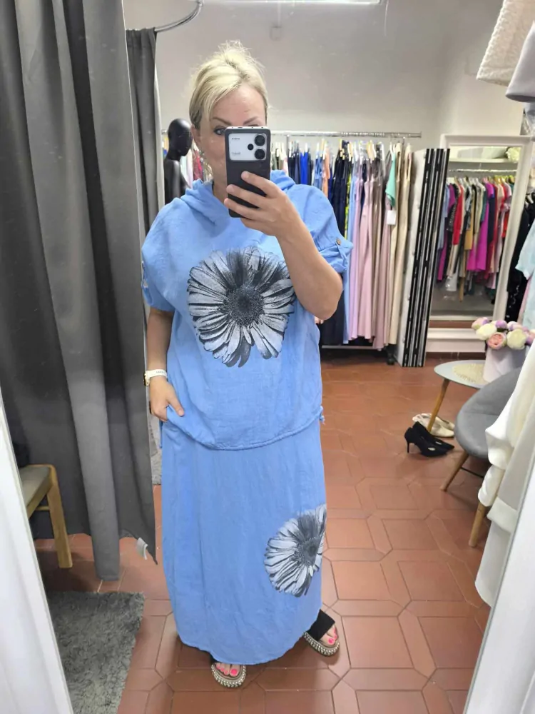 Lněná PLUS SIZE souprava sukně+halenka modrá