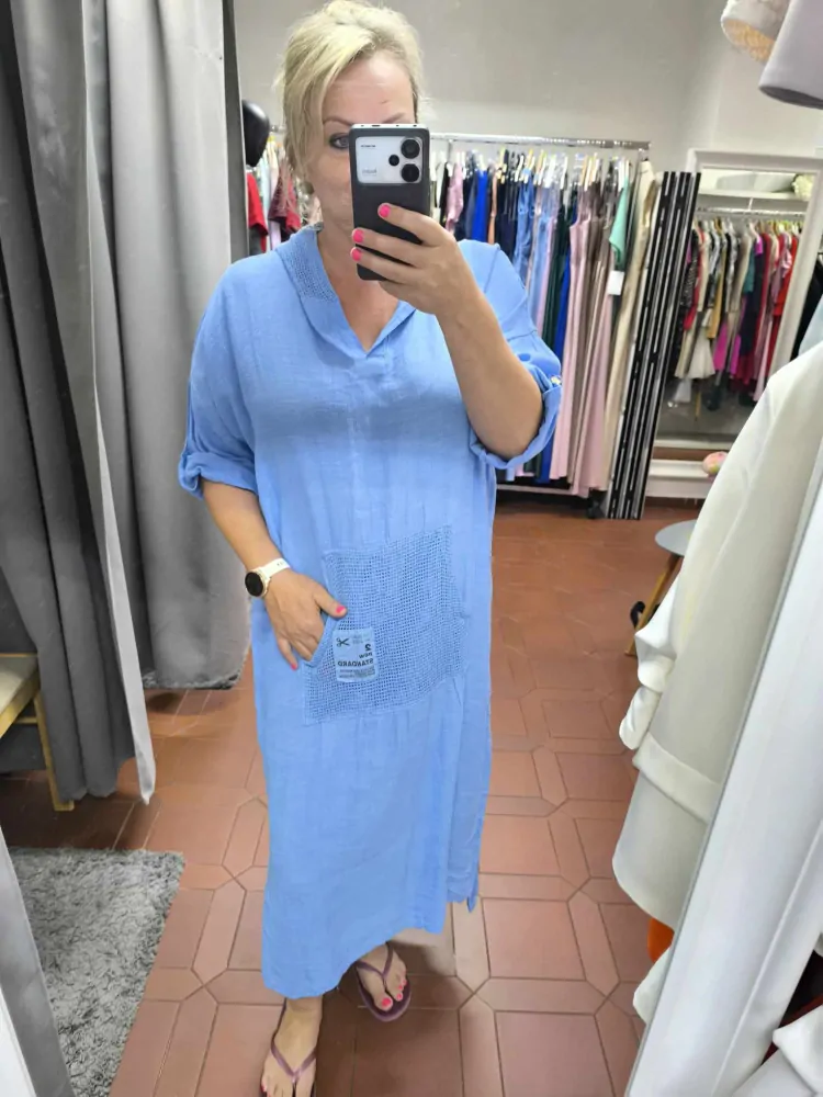 Dámské PLUS SIZE lněné šaty modré