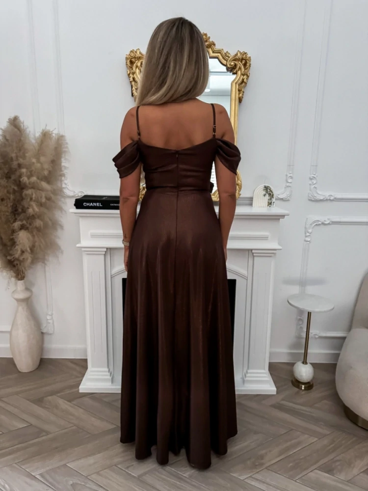 Dlouhé společenské šaty COKA třpytivé čokoládové