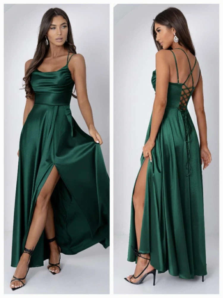 Dlouhé saténové šaty VALERIA lahvově zelené