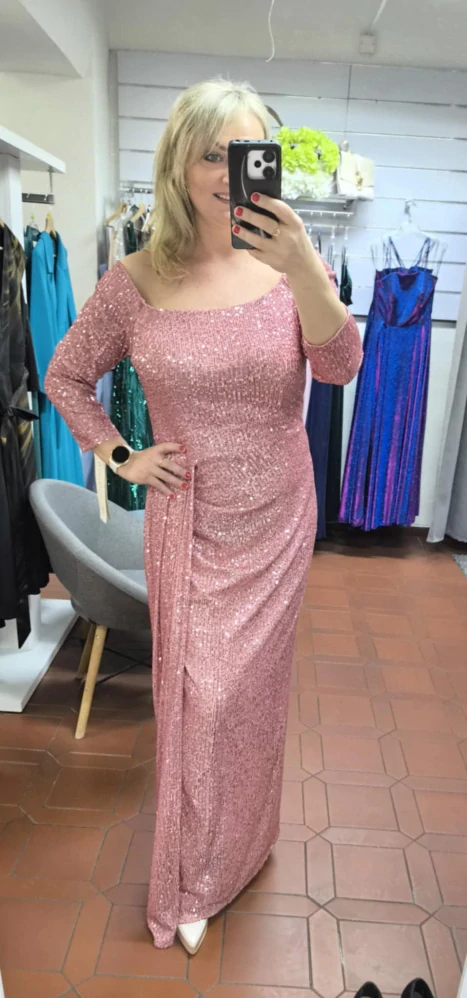 Dlouhé PLUS SIZE flitrové šaty 2326 starorůžové