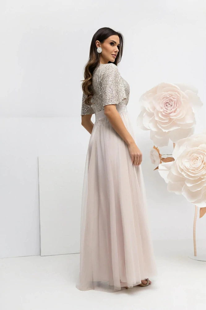 Dlouhé společenské šaty KASSANDRA béžové s flitry