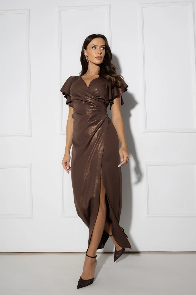 Elegantní dlouhé šaty LENA LONG s metalickým leskem čokoládově hnědé
