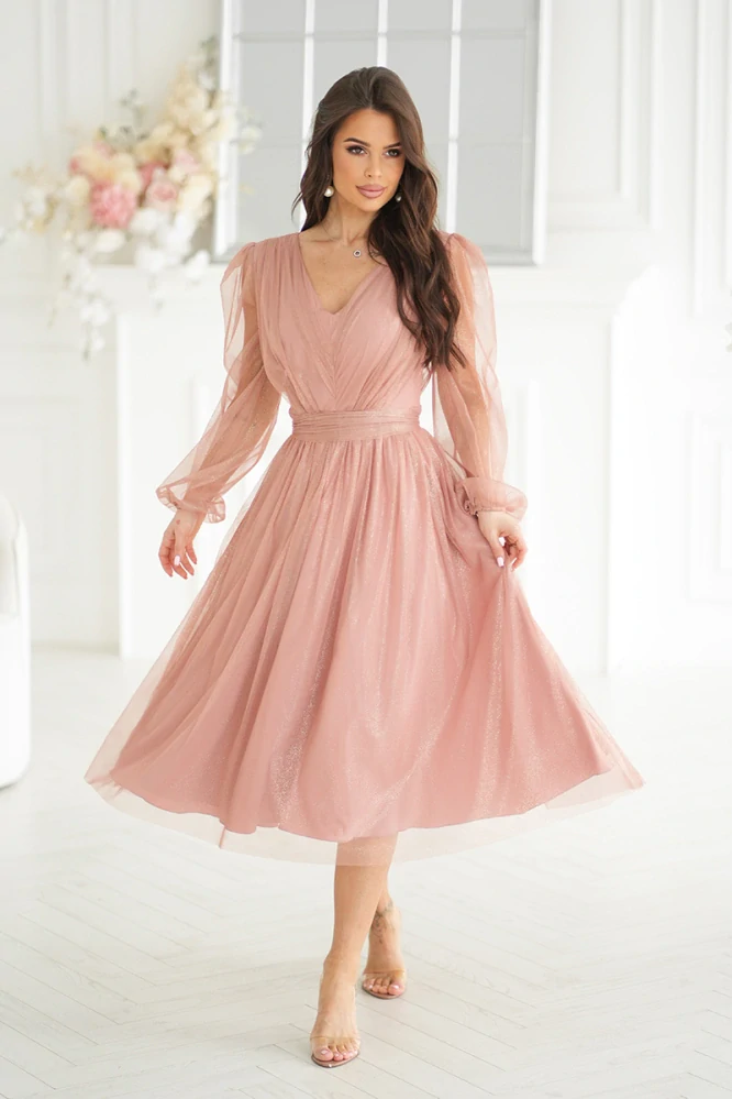 Tylové společenské midi šaty JASMÍNA pudrové třpytivé