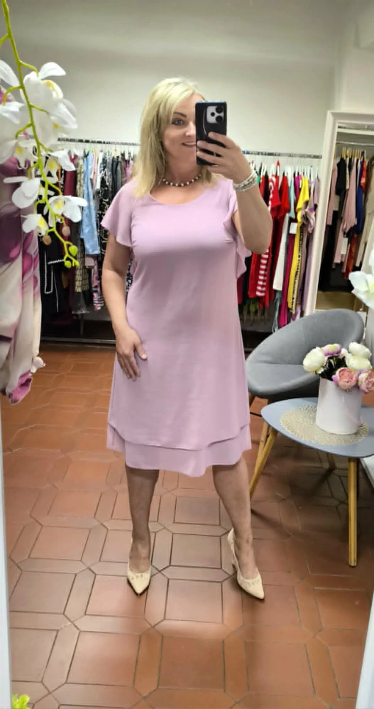 Pudrově růžové dámské šaty DANIELA volného střihu – elegantní pohodlné midi šaty