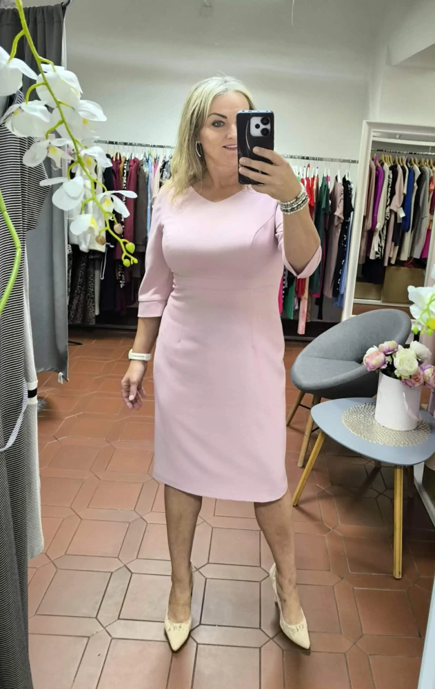 Elegantní dámské pouzdrové šaty SELI světle růžové s 3/4 rukávem