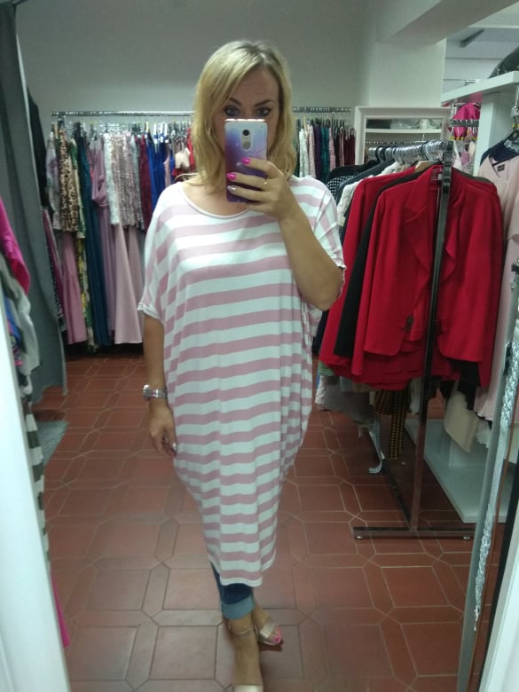 Bavlněné PLUS SIZE šaty proužek bílá/pudrová