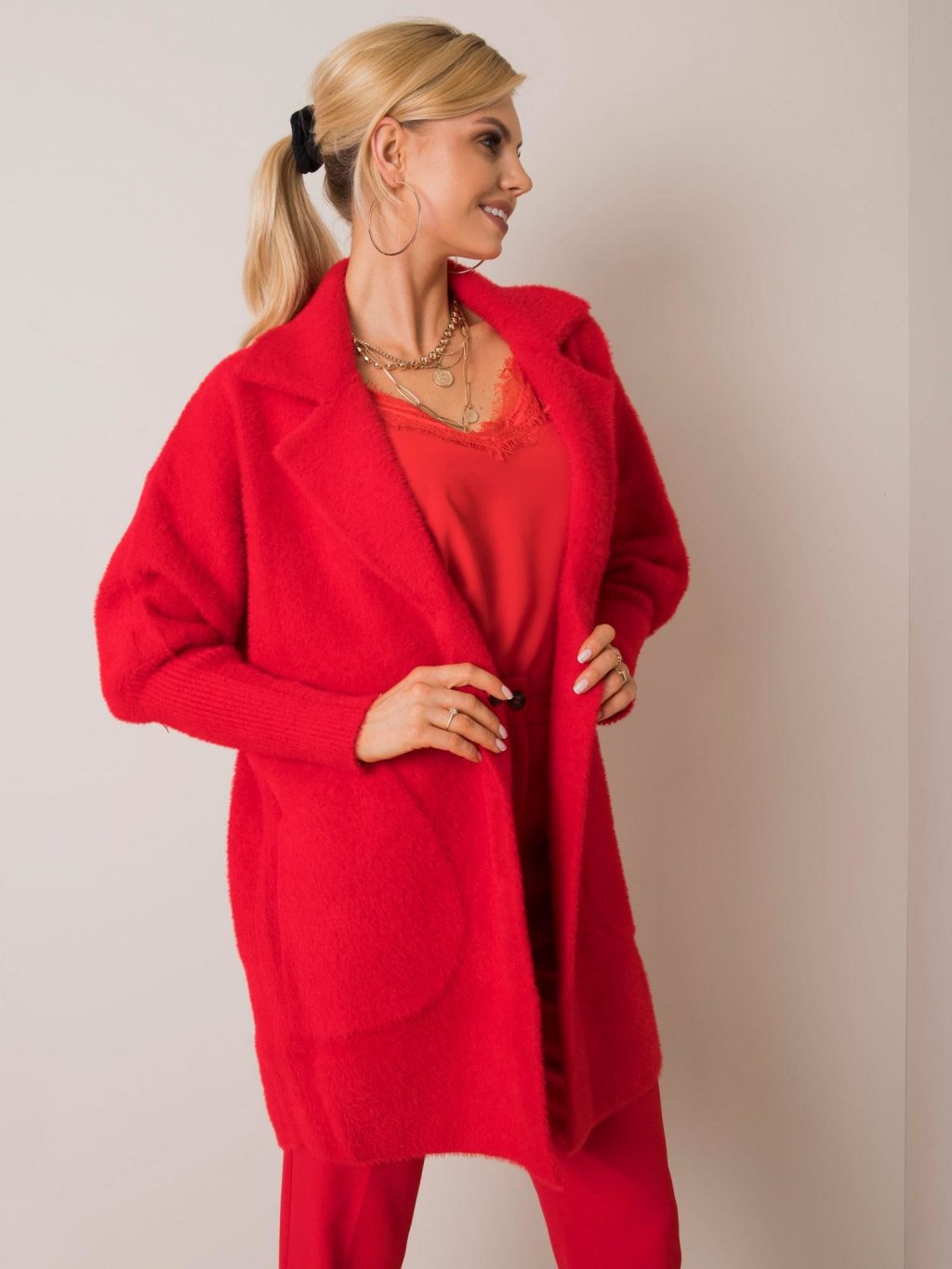 Dámský oversize kabát Alpaka červený