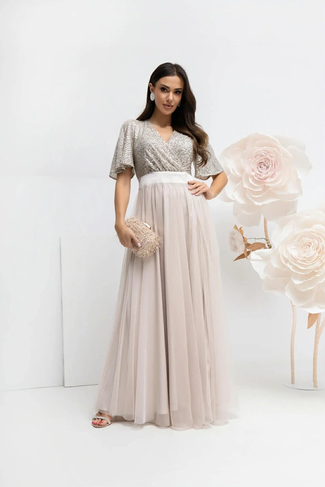 Dlouhé společenské šaty KASSANDRA béžové s flitry