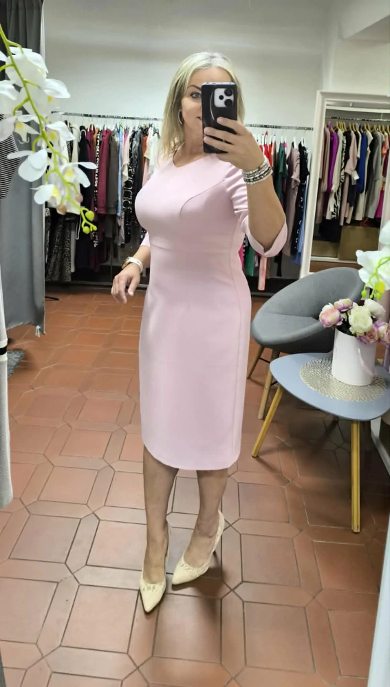 Elegantní dámské pouzdrové šaty SELI světle růžové s 3/4 rukávem