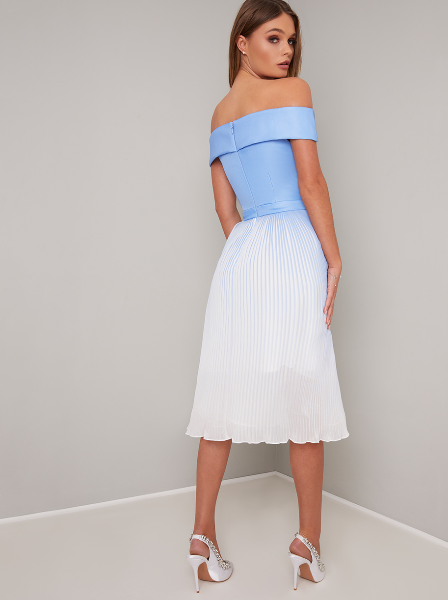 Koktejlové midi šaty Chi Chi London Bardot ombré modré