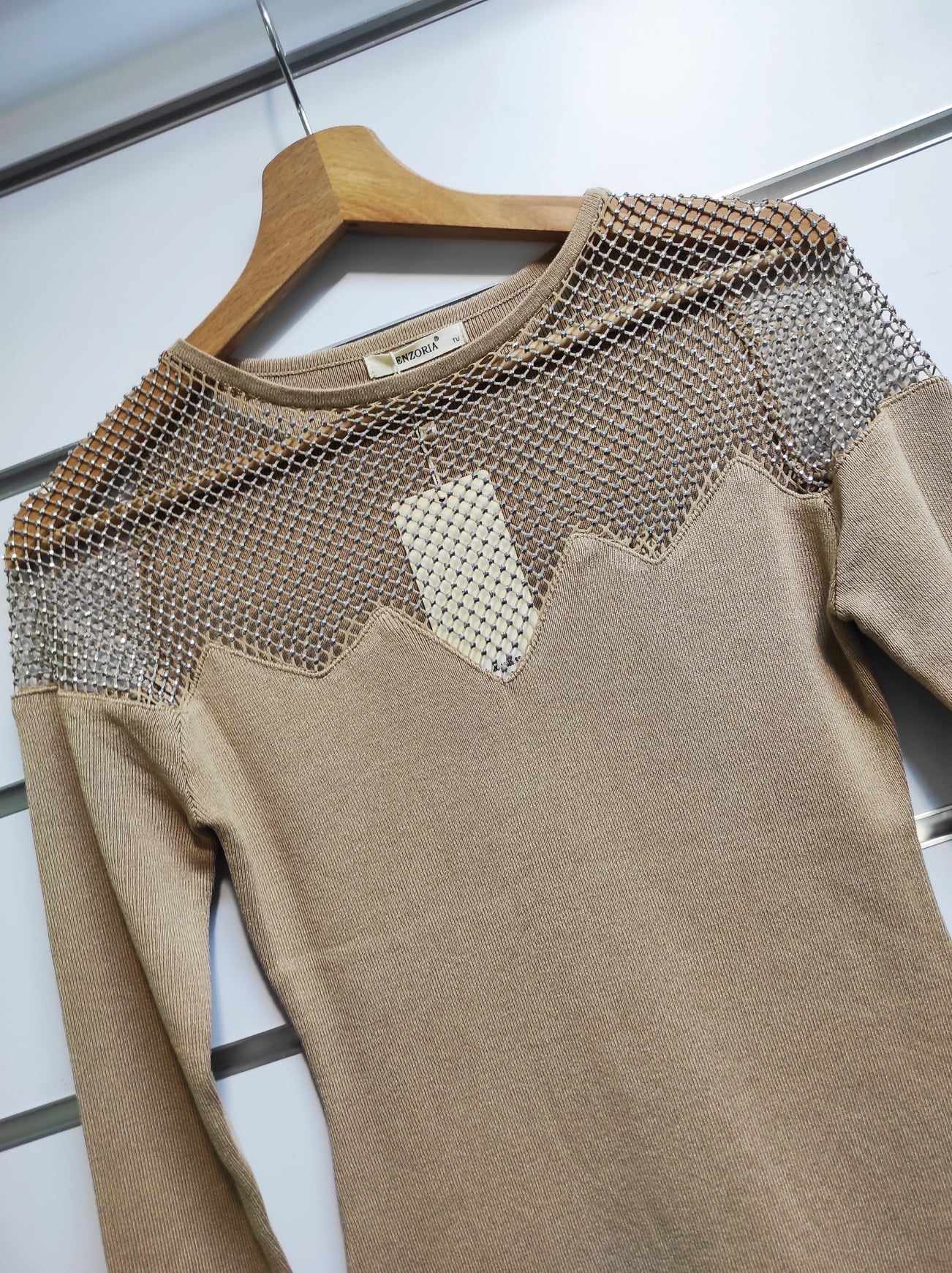 Dámské úpletové šaty bodycon béžové s kamínky