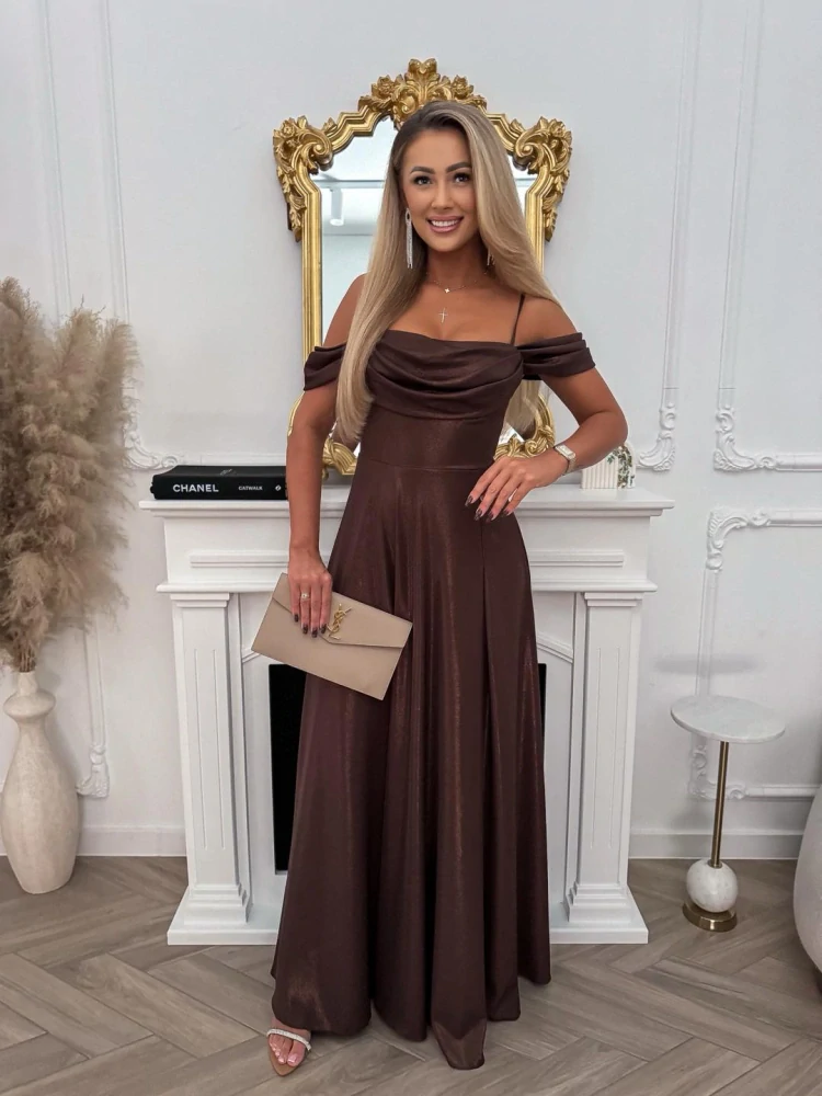 Dlouhé společenské šaty COKA třpytivé čokoládové