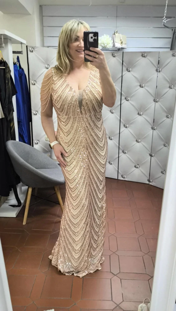 Plesové šaty KAREN PLUS SIZE béžovozlaté