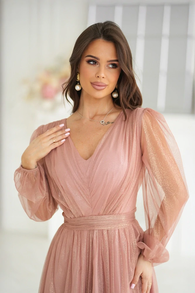 Tylové společenské midi šaty JASMÍNA pudrové třpytivé