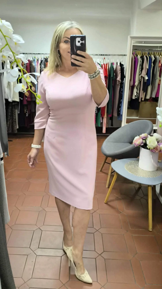 Elegantní dámské pouzdrové šaty SELI světle růžové s 3/4 rukávem
