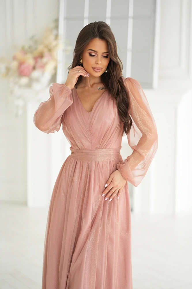 Tylové společenské midi šaty JASMÍNA pudrové třpytivé
