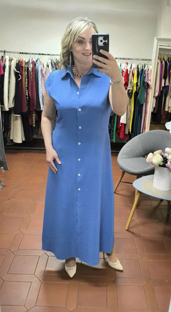 Dámské košilové šaty MARIKA s páskem – modré (len & viskóza)