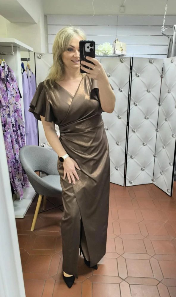 Elegantní dlouhé šaty LENA LONG s metalickým leskem čokoládově hnědé