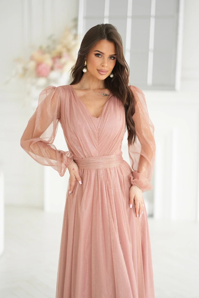 Tylové společenské midi šaty JASMÍNA pudrové třpytivé