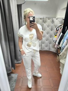 Dámská stylová souprava triko+kalhoty bílozlatá