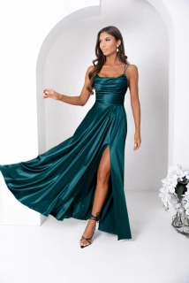 Dlouhé saténové šaty VALERIA lahvově zelené