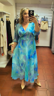 Dlouhé zavinovací šifonové šaty SEVILA modrotyrkysové